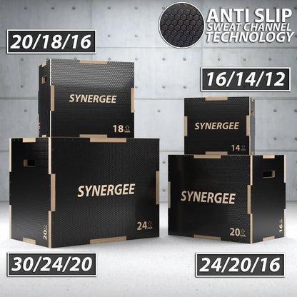 Four black foam plyo boxes with wood trim and anti-slip textured surface in varying heights: 30/24/20, 24/20/16, 20/18/16, and 16/14/12 inches, displayed against a concrete wall background.