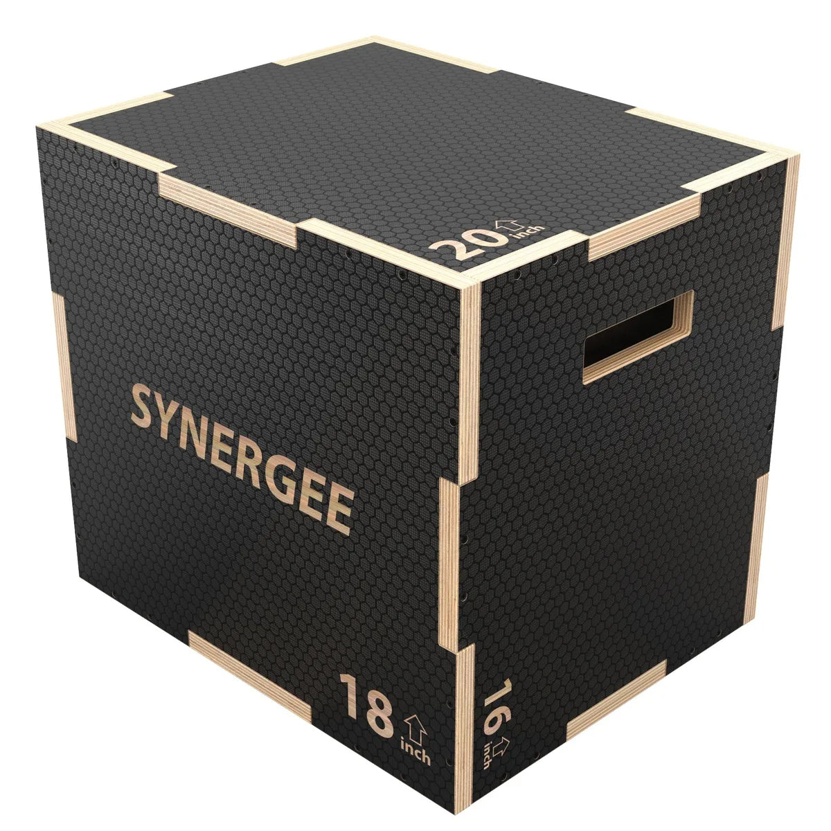 Black plyo box with textured rubber top surface and natural wood trim, marked with 20-inch and 18-inch height indicators on the sides. The box features "SYNERGEE" branding and grip handles for carrying.