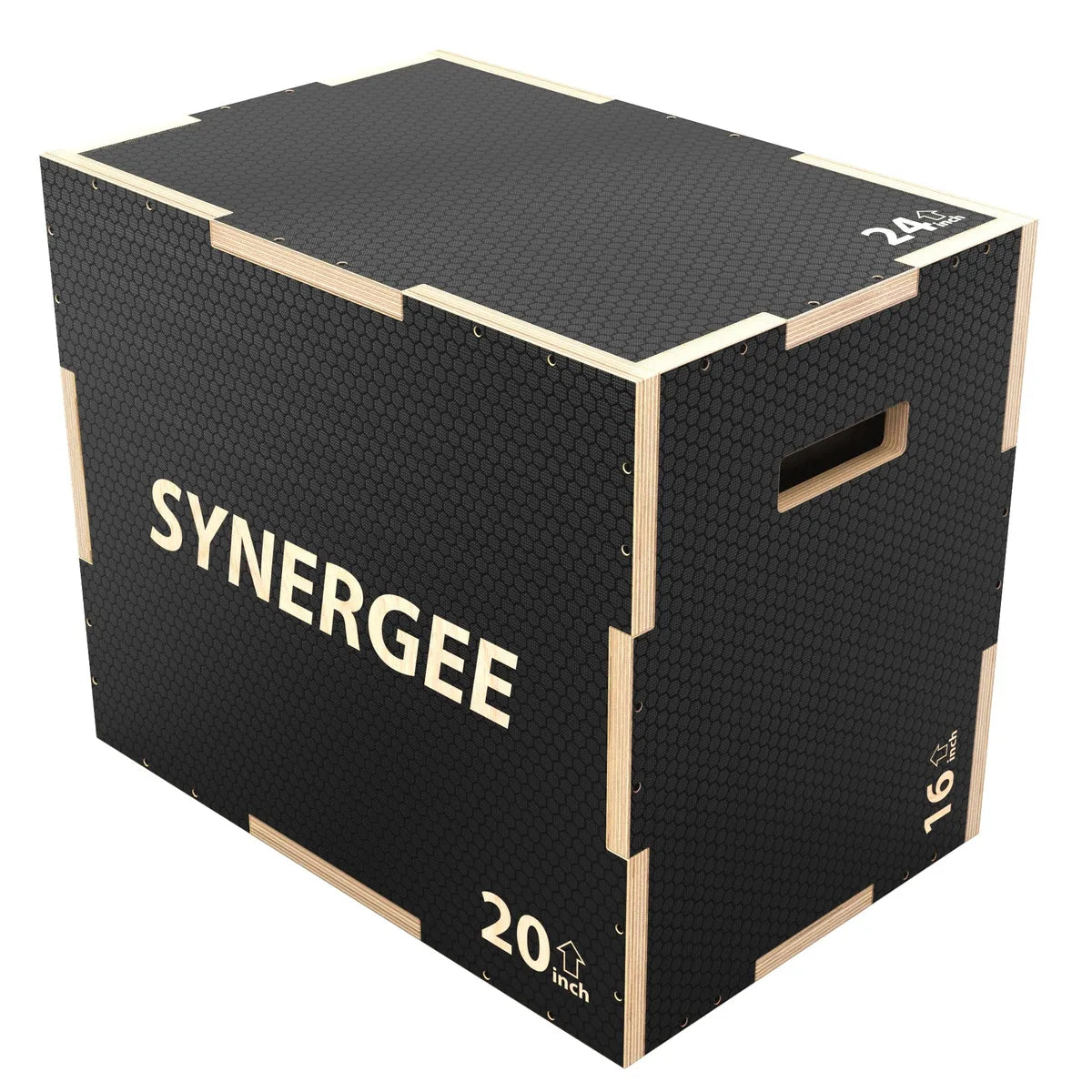 Synergee wooden plyo box with black rubber textured top surface and natural wood frame edges. Box measures 20 inches in height with carry handles on the sides.