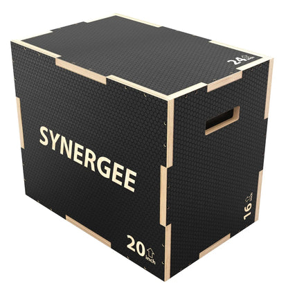 Synergee wooden plyo box with black rubber textured top surface and natural wood frame edges. Box measures 20 inches in height with carry handles on the sides.