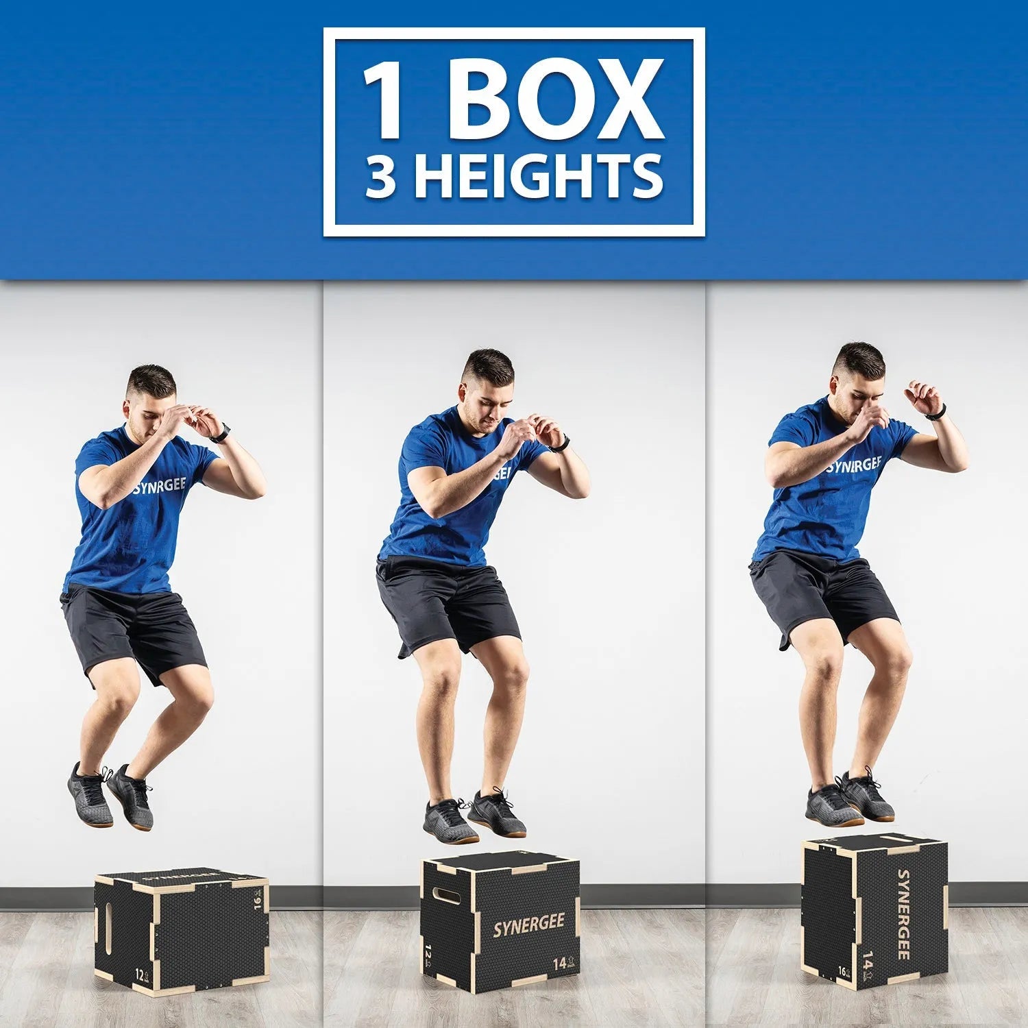 Man demonstrating three different heights of a black plyo box with wood top and beige handles, shown at low, medium, and high positions during a jumping exercise.