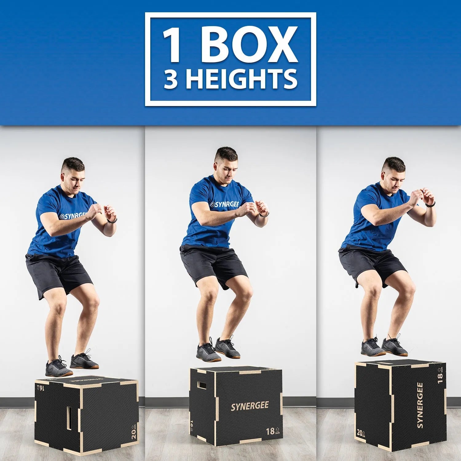Man performing box jumps on a black and wood plyo box shown at three different heights, demonstrating the adjustable 3-in-1 design with handles on the sides.