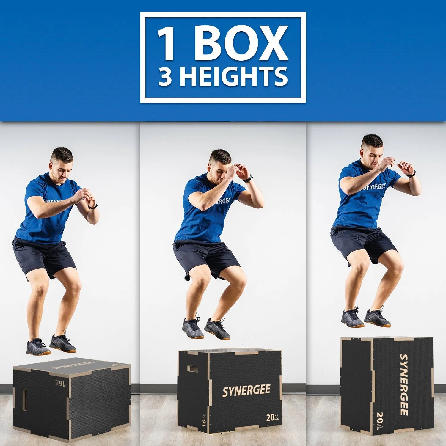 Man demonstrating three height settings of a black wooden plyo box with "Synergee" branding, shown at low, medium, and high positions for box jump exercises.