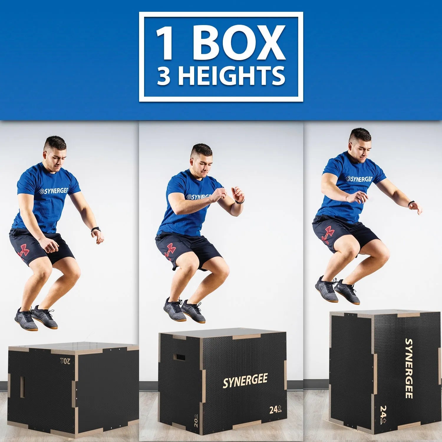 Man performing box jumps on a black plyo box with wood top at three different heights. The box adjusts to 20, 24, and 30 inches as shown by the labeled measurements.