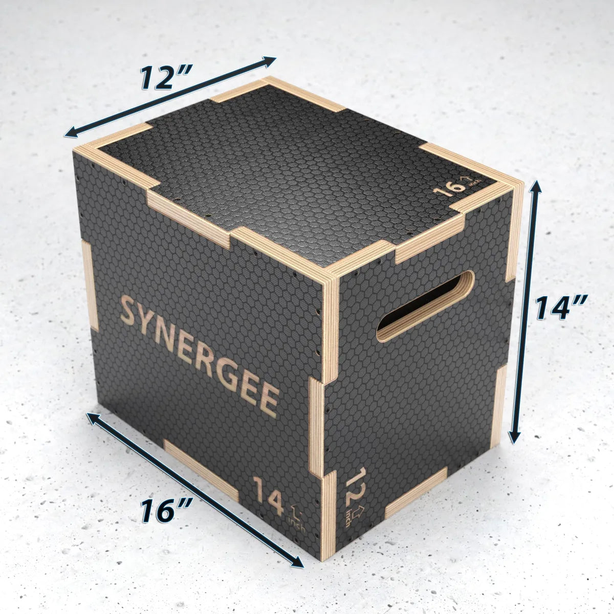 Wooden plyo box with black textured rubber top and sides, natural wood frame, and bronze handles. Dimensions marked as 12" x 16" x 14" with "SYNERGEE" branding visible.