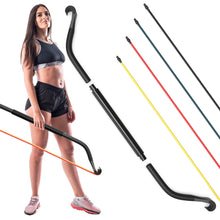 Woman holding a black resistance bow with curved design and black grip handle. Right side shows four additional bows in yellow, red, blue, and black colors with varying resistance levels.