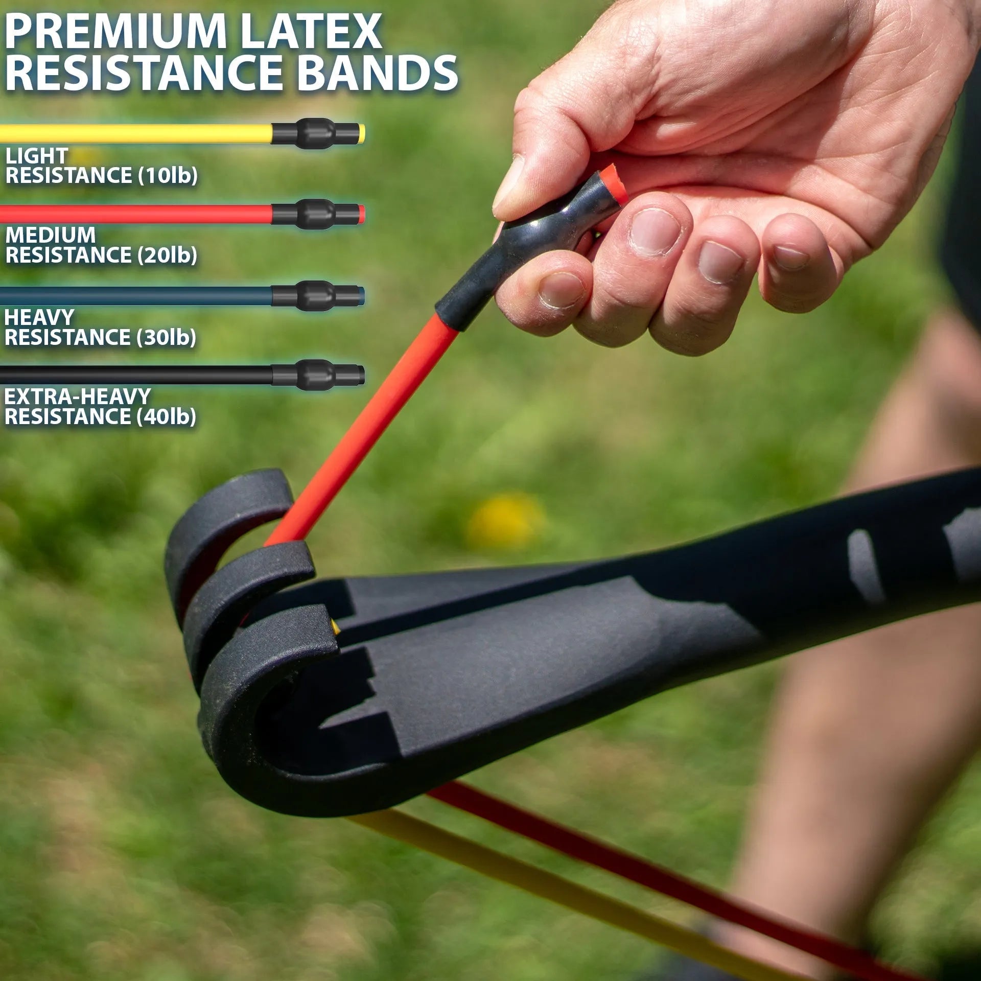 Person holding a red latex resistance band attached to a black bow-shaped handle, with a chart showing four resistance levels: light (10lb yellow), medium (20lb red), heavy (30lb dark), and extra-heavy (40lb black) against an outdoor green backgro...