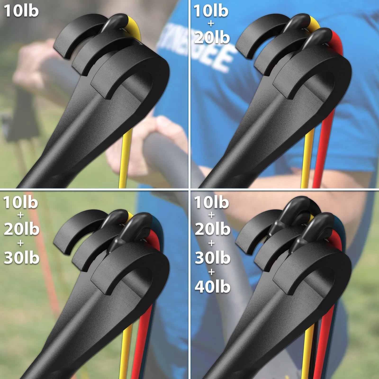 Black resistance bow with adjustable weight bands in yellow and red shown in four configurations displaying 10lb, 20lb, 30lb, and 40lb weight options.