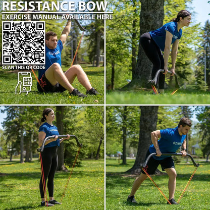 Four people in blue shirts demonstrating different exercises with a resistance bow in an outdoor park setting with green grass and trees.