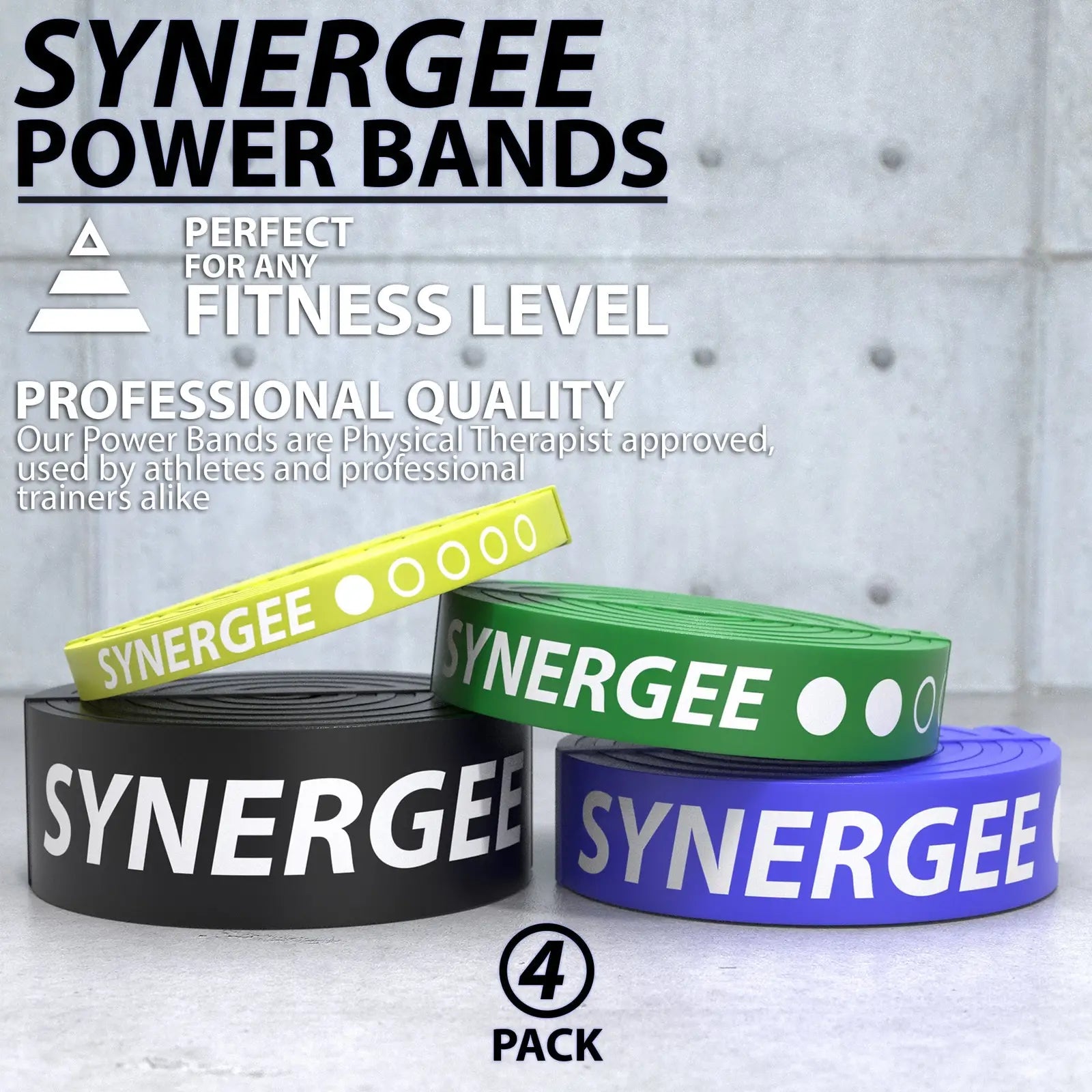 Four Synergee resistance power bands in yellow, green, blue, and black, coiled and displayed on a concrete surface with branded text visible on each band.
