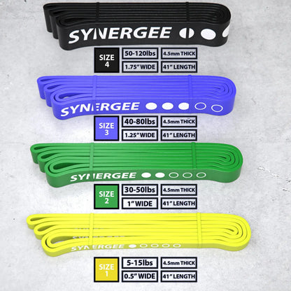 Four Synergee resistance loop bands in black, blue, green, and yellow, displayed vertically with labeled specifications showing resistance ranges from 5-120lbs, widths from 0.5" to 1.75", and 41" length.