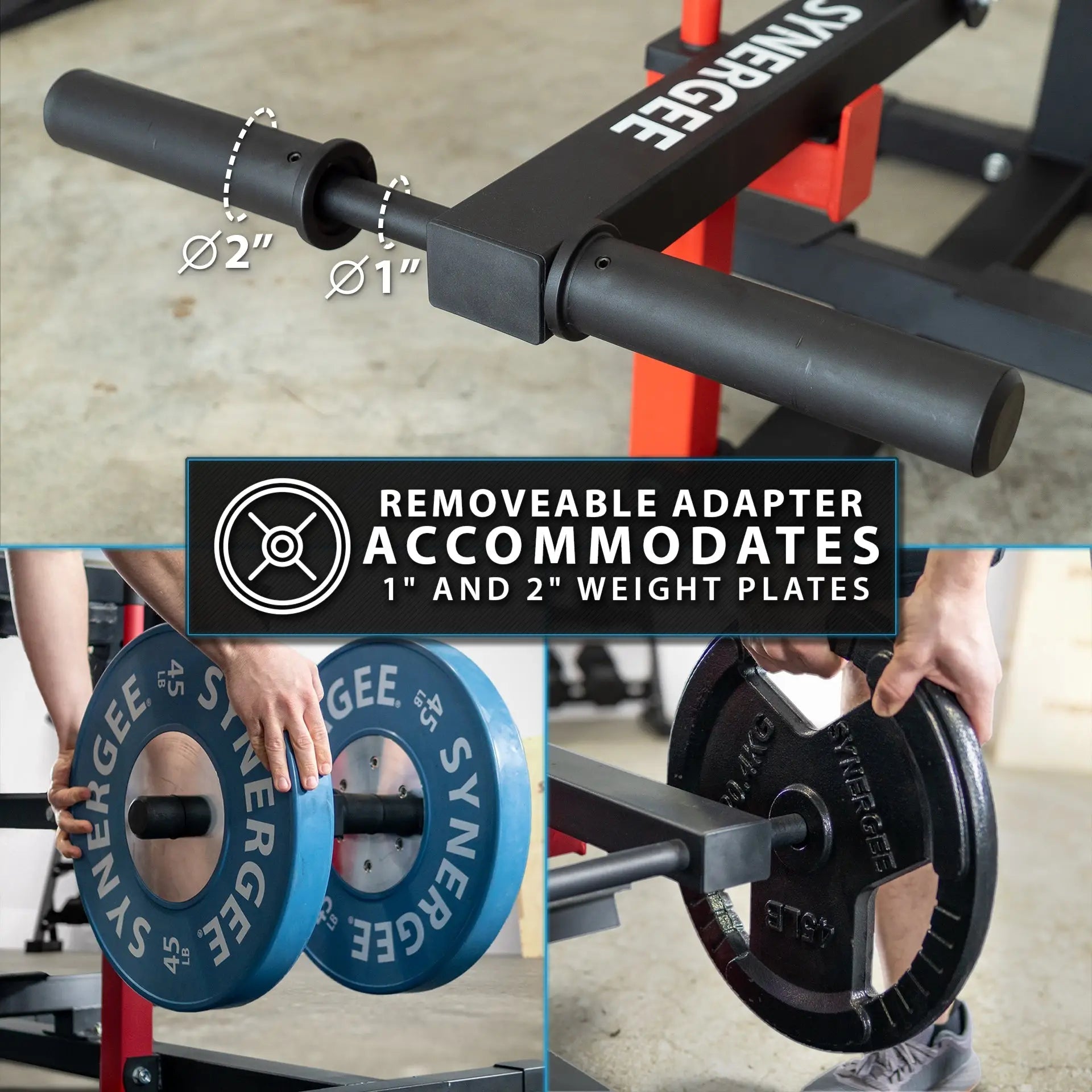 Black and red seated calf raise machine with dual sleeves accommodating 1-inch and 2-inch diameter weight plates. Lower images show hands loading blue and black weight plates onto the barbell.