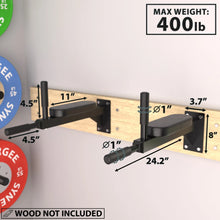 Wall-mounted dip station with black steel frame, padded arm rests, and 1-inch diameter bar openings, rated for 400 lb maximum weight. Dimensions labeled include 24.2-inch depth and 8-inch seat height.