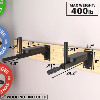 Wall-mounted dip station with black steel frame, padded arm rests, and 1-inch diameter bar openings, rated for 400 lb maximum weight. Dimensions labeled include 24.2-inch depth and 8-inch seat height.