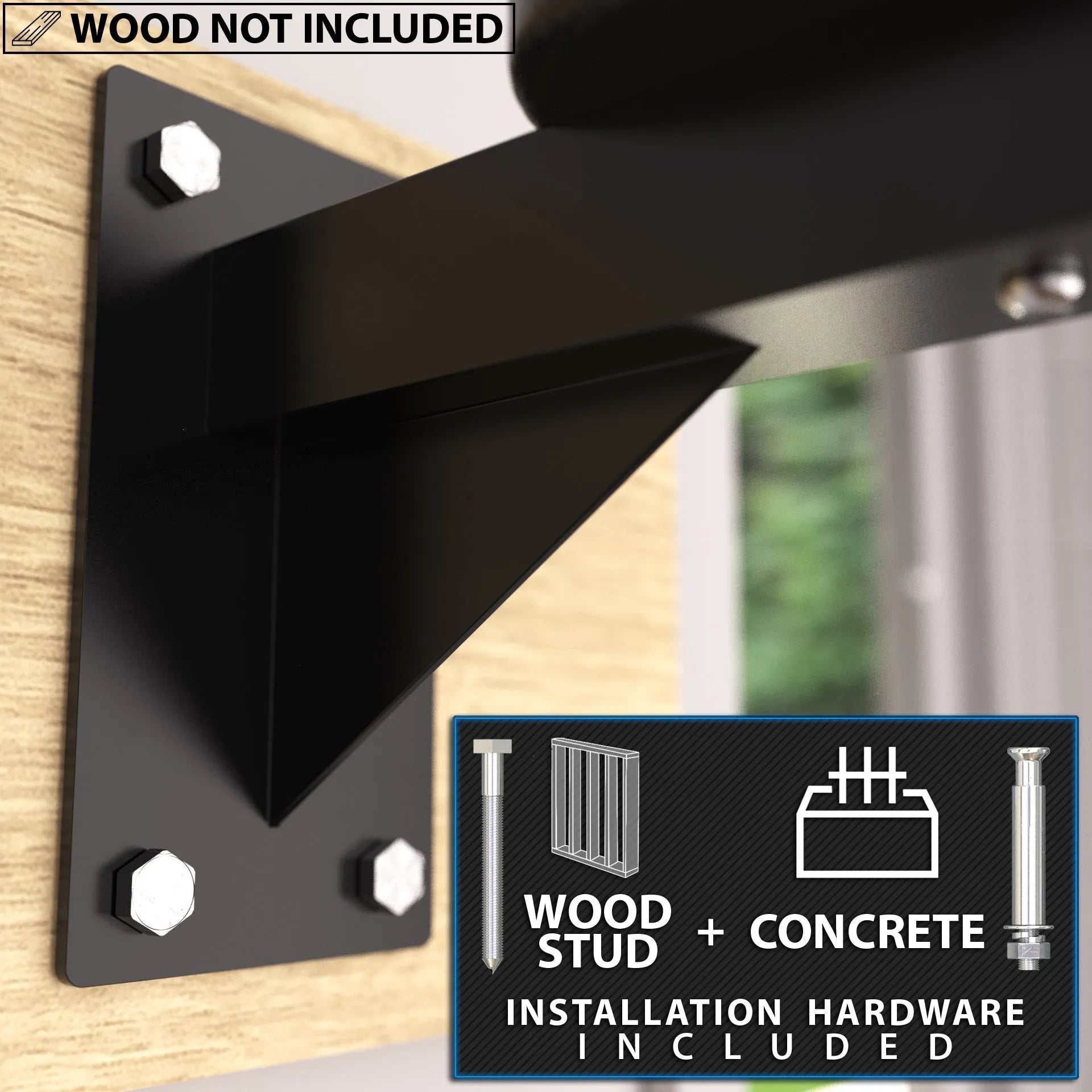 Black metal wall-mounted bracket with three white hexagonal bolts, designed for attachment to wood studs. Installation hardware for concrete and wood stud mounting included.