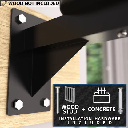 Black metal wall-mounted bracket with three white hexagonal bolts, designed for attachment to wood studs. Installation hardware for concrete and wood stud mounting included.