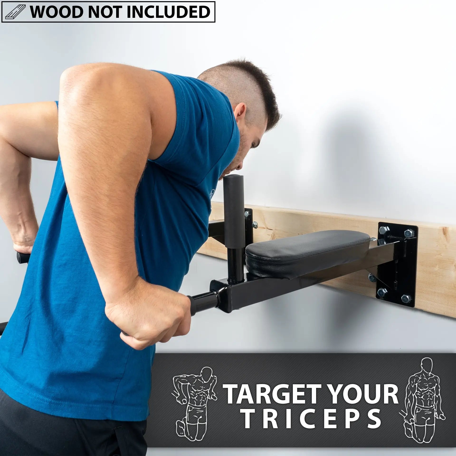 Man performing a tricep dip on a wall-mounted dip station with black metal frame and padded seat attached to light wood base.
