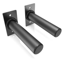 Pair of black weight plate storage pegs with square mounting plates and bolt holes, designed for wall or rack installation.