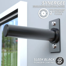 Synergee single bumper plate wall mount with black powder-coated steel rod and gray mounting bracket, designed for 2-inch Olympic plates.