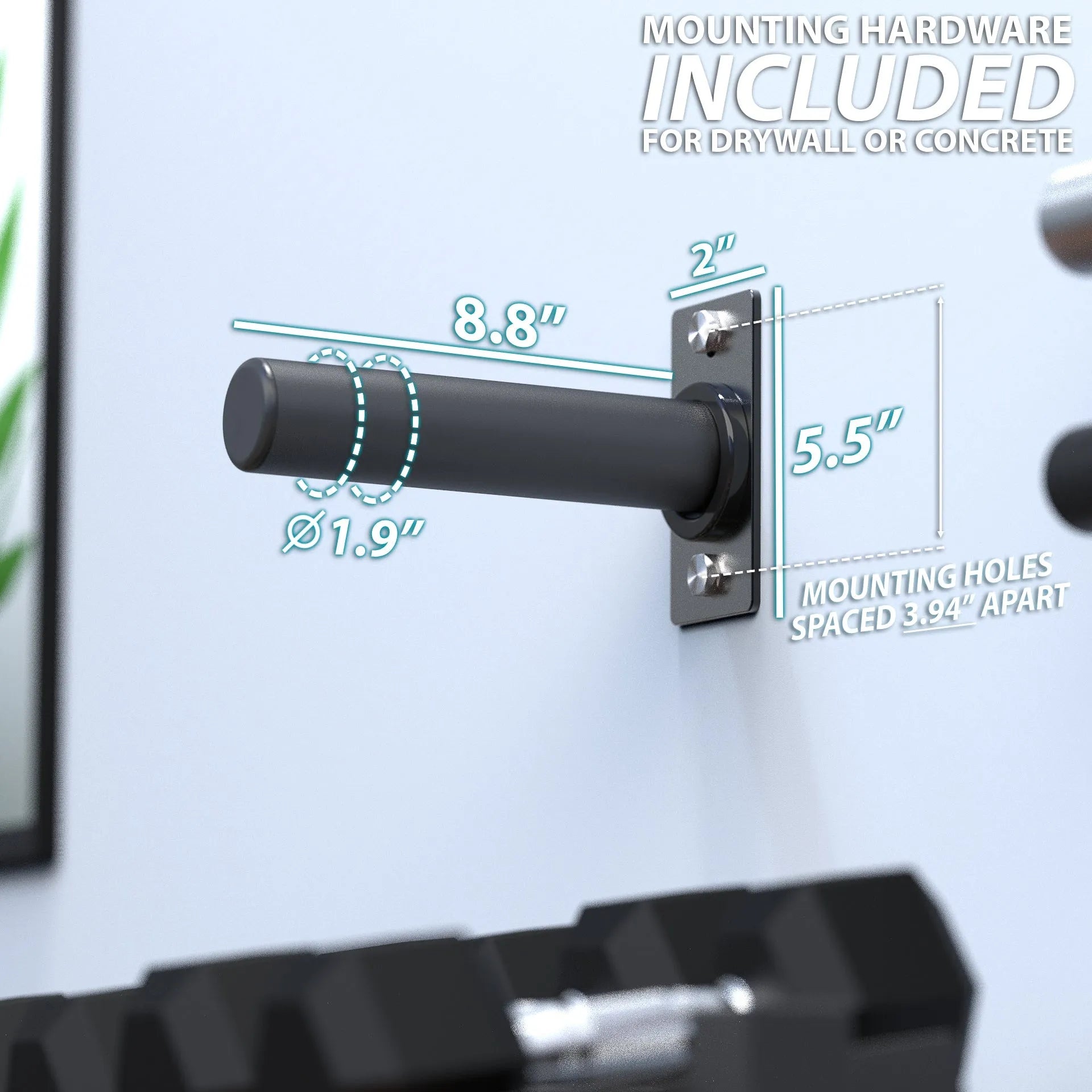 Black weight plate storage peg with 1.9" diameter rod mounted on gray bracket, showing dimensions of 8.8" rod length and 5.5" bracket height with mounting holes spaced 3.94" apart.