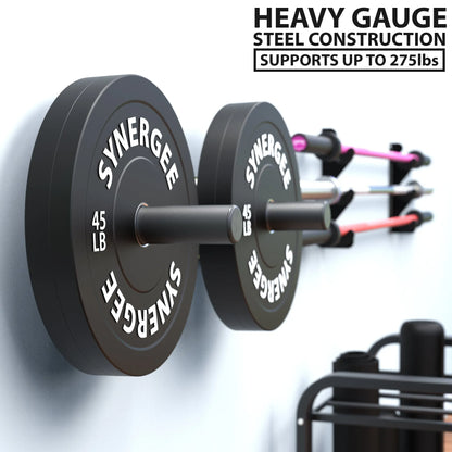 Black rubber weight plates labeled "Synergee" mounted on a chrome steel bar attached to a wall-mounted storage system with additional colored bars and plates visible in the background.