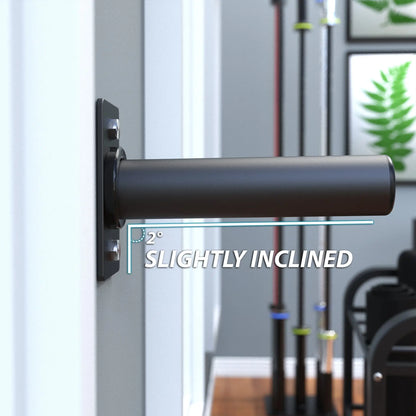 Black weight plate storage peg mounted on power rack upright, angled at 2 degrees, in a gym setting with additional pegs and equipment visible in background.
