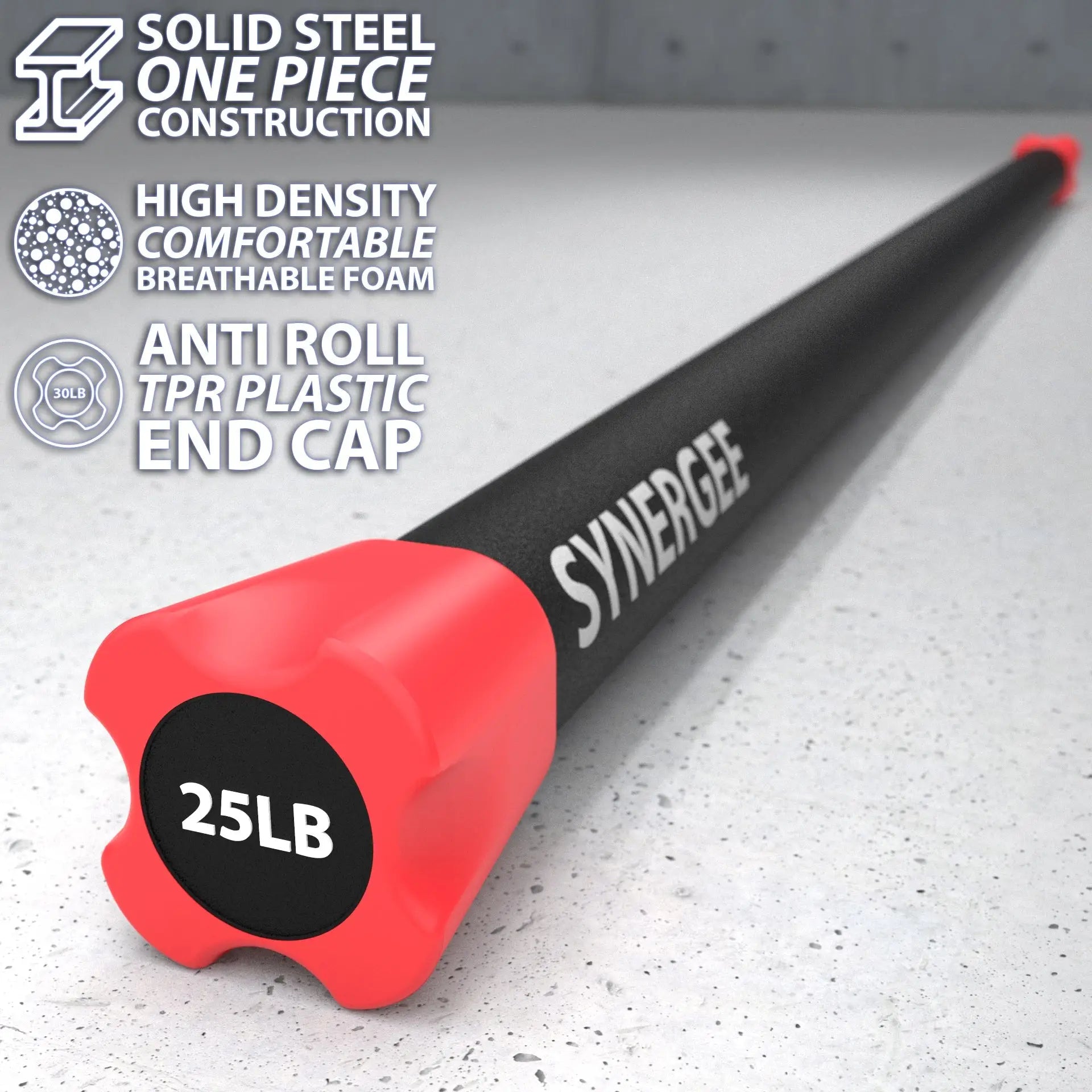 Black steel weighted bar with red foam end cap labeled 25LB, featuring high-density breathable foam grip and TPR plastic cap. Solid steel one-piece construction shown on concrete gym floor.
