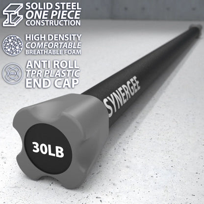 Black steel weighted bar with gray TPR plastic end cap labeled 30LB, displayed on a speckled concrete surface.