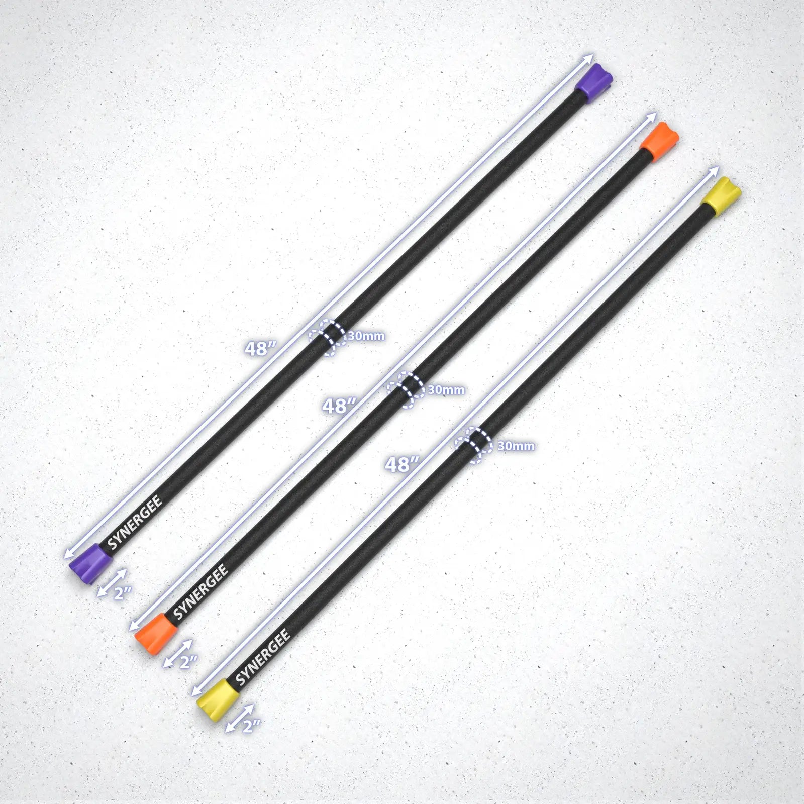 Three Synergee weighted workout bars with black shafts and colored end caps—purple, orange, and yellow—each marked 48 inches long and 30mm diameter on a speckled white background.