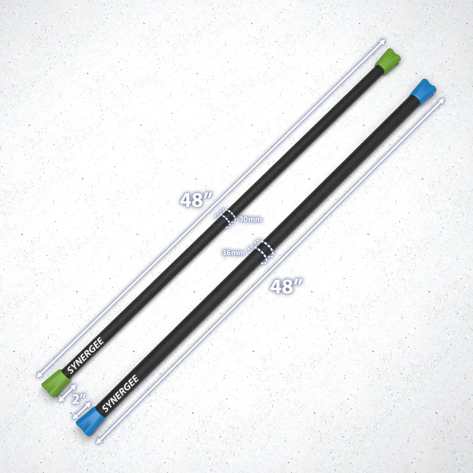 Two Synergee weighted bars with black rubber grips and colored end caps—one 48" with green cap and 30mm diameter, one 48" with blue cap and 36mm diameter—on white textured background.
