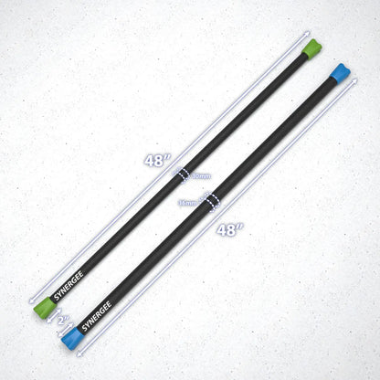 Two Synergee weighted bars with black rubber grips and colored end caps—one 48" with green cap and 30mm diameter, one 48" with blue cap and 36mm diameter—on white textured background.