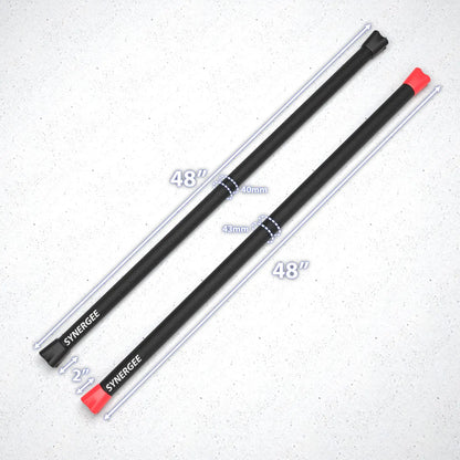 Two Synergee weighted workout bars, each 48 inches long with black foam grips and red end caps. Left bar measures 40mm diameter, right bar measures 43mm diameter, both displayed on white speckled background.