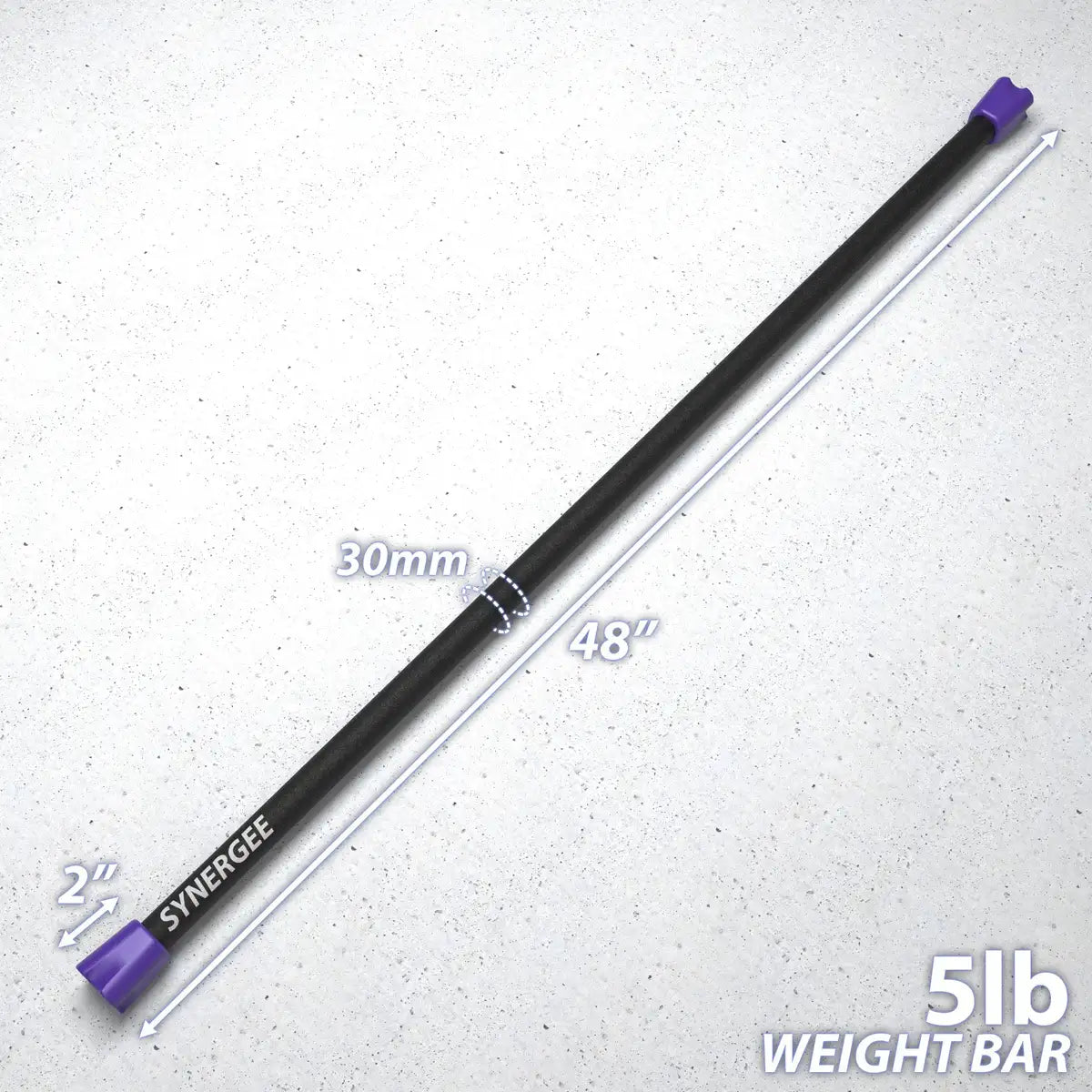 Black and silver barbell with purple end caps, labeled 30mm diameter and 48 inches long, 5lb weight bar. Text reads "Synergee" and "2 inch" on the sleeves.
