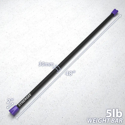 Black and silver barbell with purple end caps, labeled 30mm diameter and 48 inches long, 5lb weight bar. Text reads "Synergee" and "2 inch" on the sleeves.