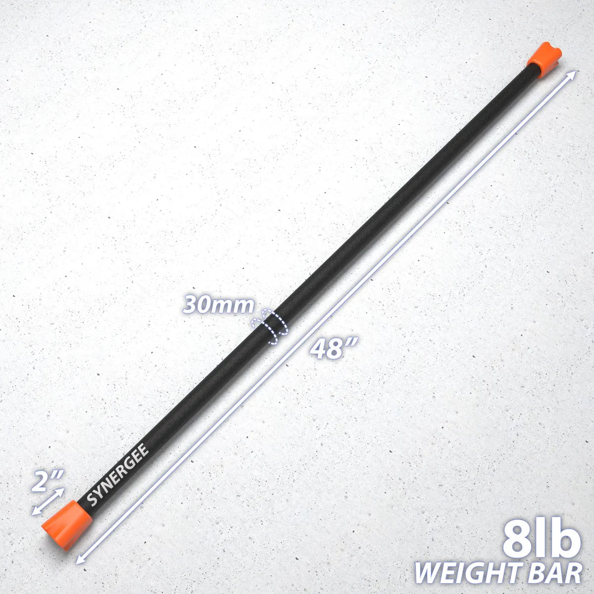 Synergee weighted workout bar with 30mm diameter black shaft, orange end caps, and 2-inch sleeves, labeled 48 inches long and 8 pounds total weight on speckled gray background.