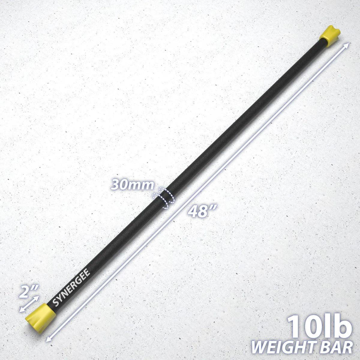Black weight bar with yellow end caps, 30mm diameter shaft, 48 inches total length, labeled "Synergee," marked as 10lb weight bar with 2-inch sleeves.