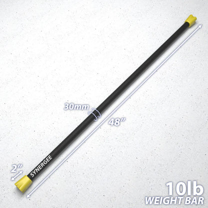 Black weight bar with yellow end caps, 30mm diameter shaft, 48 inches total length, labeled "Synergee," marked as 10lb weight bar with 2-inch sleeves.