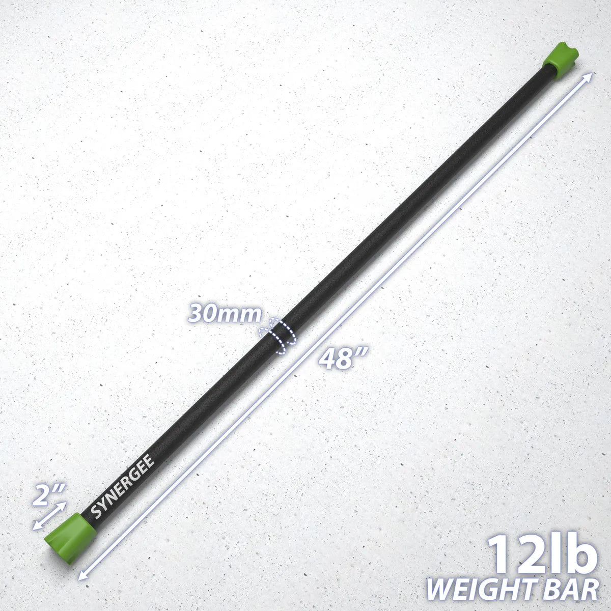 Black and green weighted bar with 30mm diameter grip and green end caps on white speckled background. Labeled specifications: 48 inches long, 2 inch grip section, 12lb weight bar.