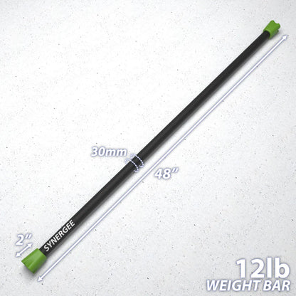 Black and green weighted bar with 30mm diameter grip and green end caps on white speckled background. Labeled specifications: 48 inches long, 2 inch grip section, 12lb weight bar.