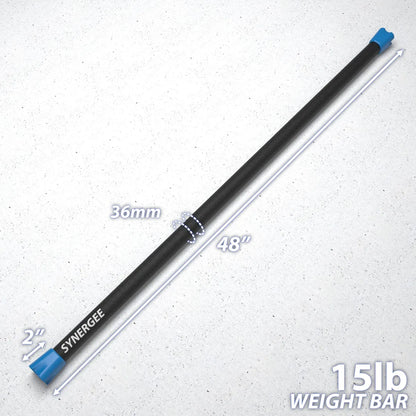 Synergee weight bar with black shaft and blue end caps on white background. Measurements show 36mm diameter, 48 inches length, and 15lb capacity.