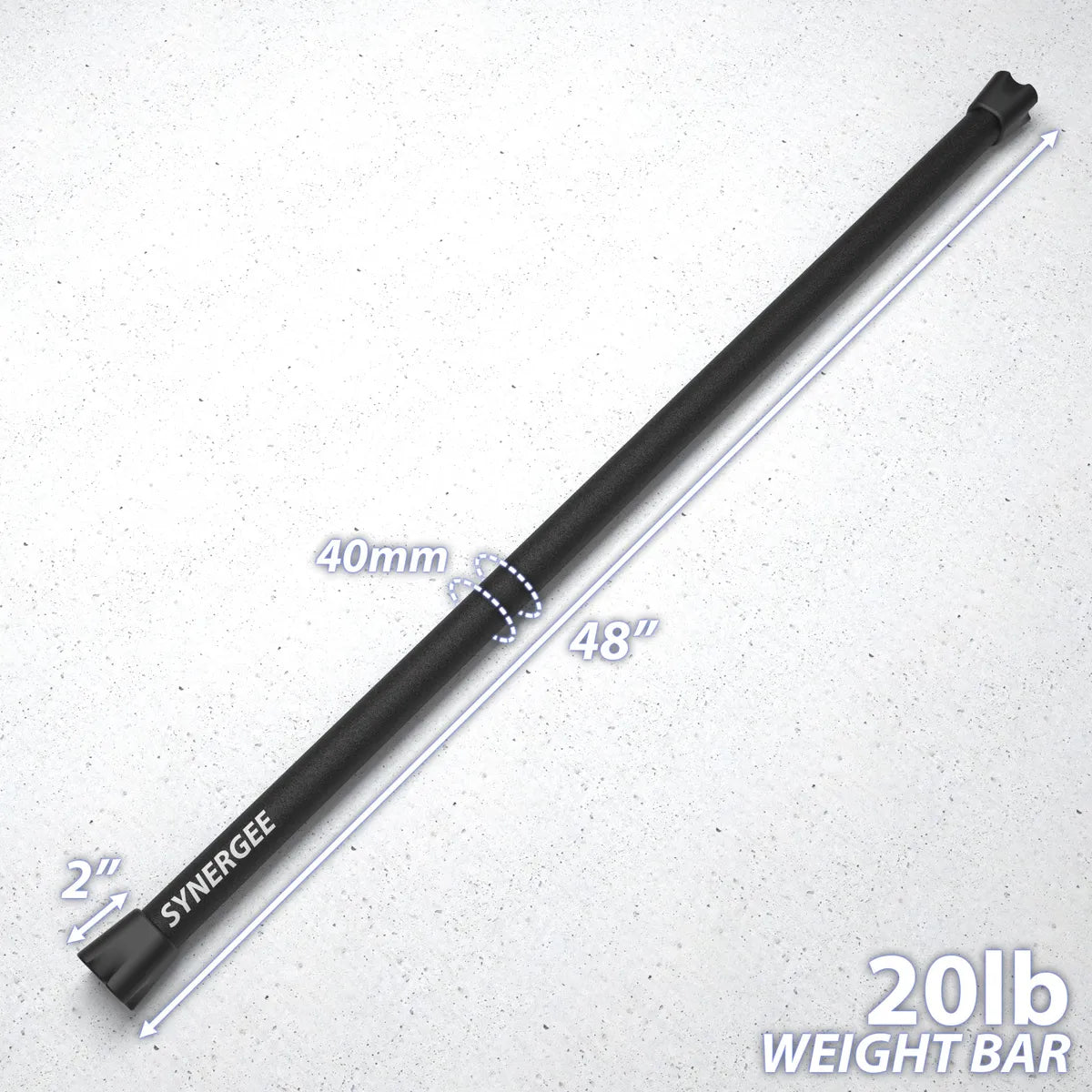 Black barbell with 48-inch total length and 2-inch diameter grip marked "Synergee," weighing 20lb with measurement callouts showing 40mm grip diameter.