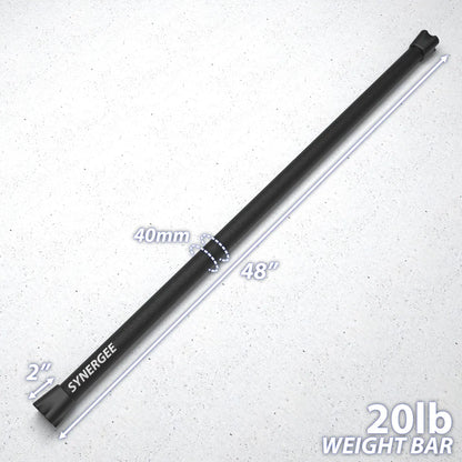 Black barbell with 48-inch total length and 2-inch diameter grip marked "Synergee," weighing 20lb with measurement callouts showing 40mm grip diameter.