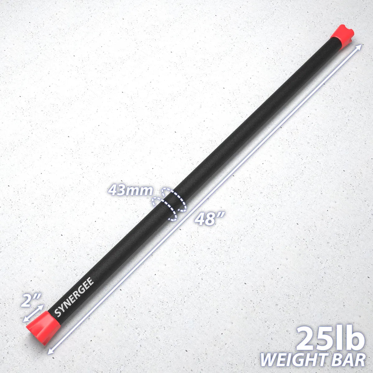 Black and red barbell with 43mm diameter shaft and red end caps, measuring 48 inches long and weighing 25 pounds, displayed on white textured background with dimension labels.