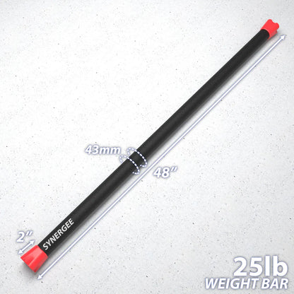 Black and red barbell with 43mm diameter shaft and red end caps, measuring 48 inches long and weighing 25 pounds, displayed on white textured background with dimension labels.
