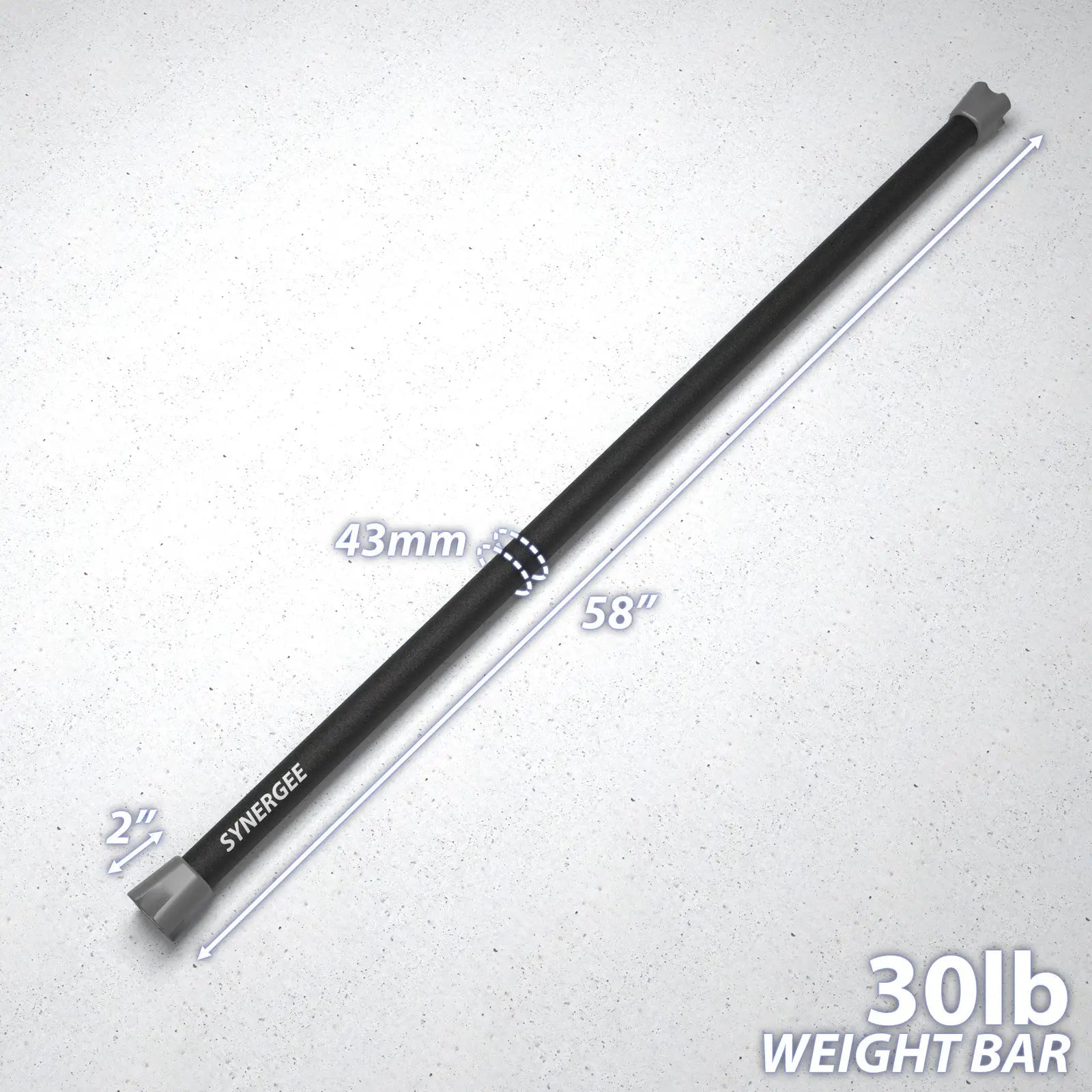 Black and gray 30lb weight bar with 2.25-inch diameter ends, measuring 58 inches long and 43mm in diameter at the shaft, labeled "Synergee" on a white background.