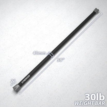 Black and gray 30lb weight bar with 2.25-inch diameter ends, measuring 58 inches long and 43mm in diameter at the shaft, labeled "Synergee" on a white background.