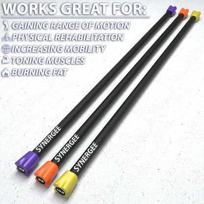 Three Synergee weighted bars with black shafts and color-coded ends in purple, orange, and yellow, displayed diagonally on a speckled white background.