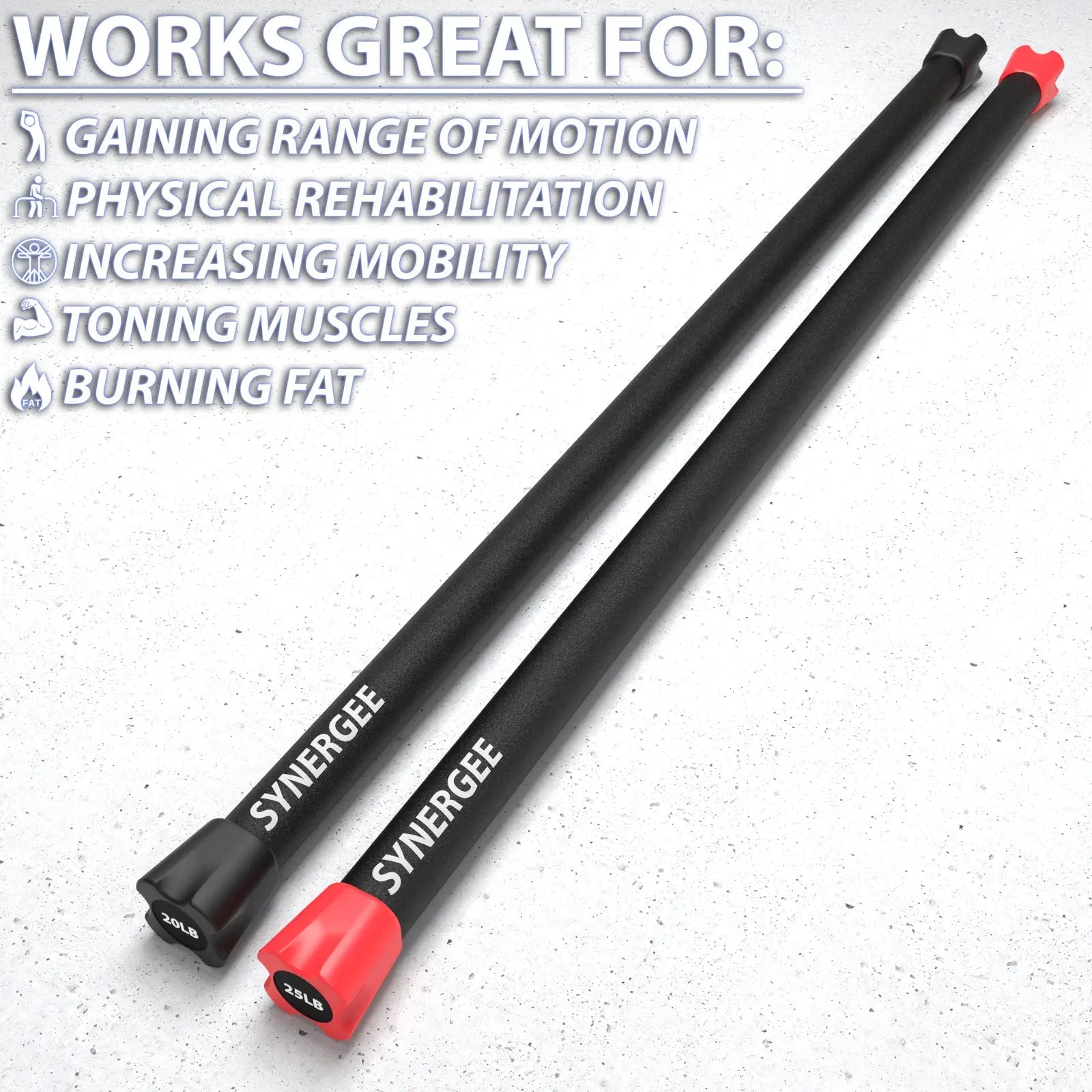 Two Synergee weighted workout bars with black cylindrical shafts and colored end caps—one black, one red—each labeled with weight markings, displayed on a light speckled background.