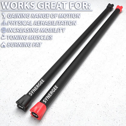 Two Synergee weighted workout bars with black cylindrical shafts and colored end caps—one black, one red—each labeled with weight markings, displayed on a light speckled background.