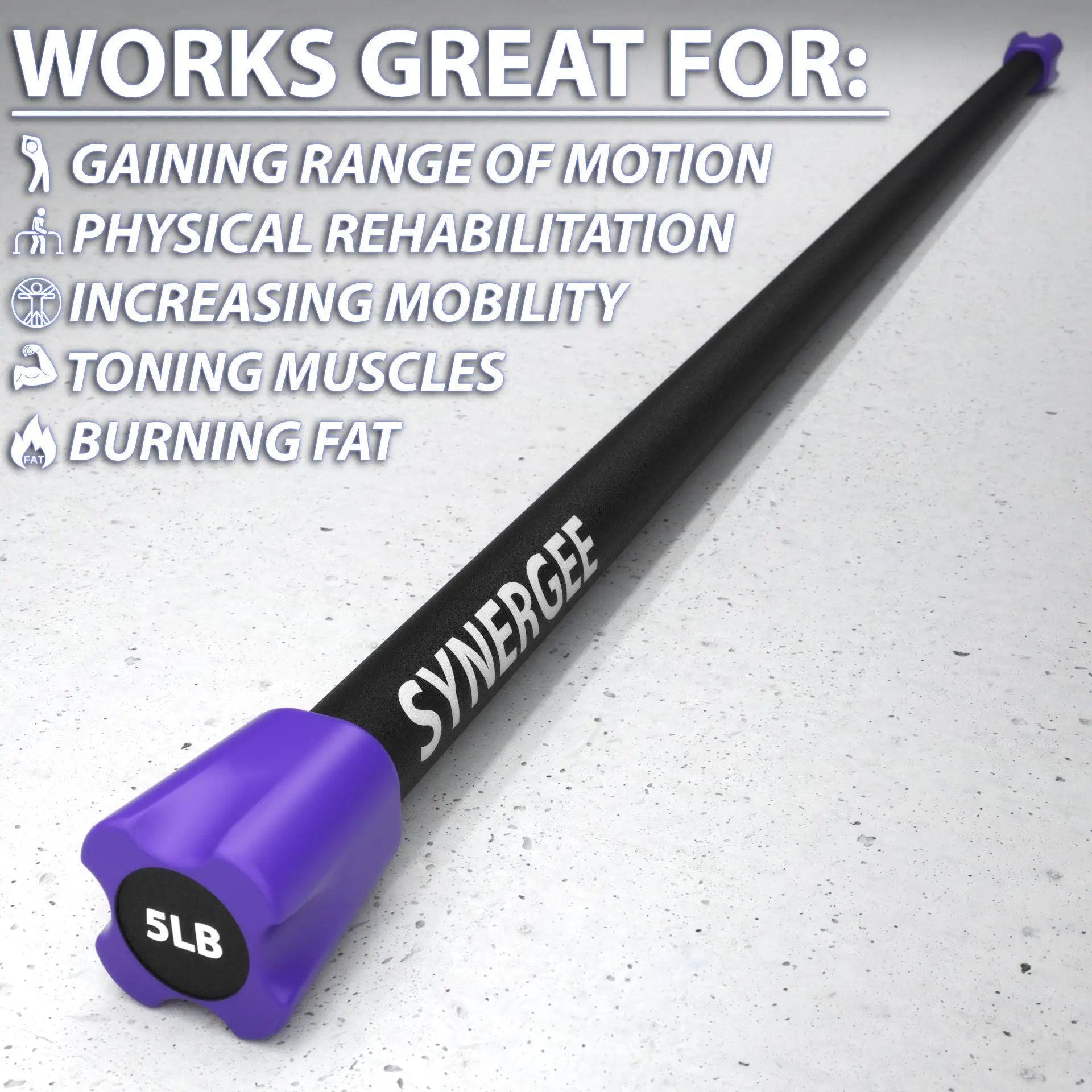 Black weighted bar with purple foam end cap labeled "5LB" and "Synergee" branding on concrete background. Text overlay lists uses for range of motion, rehabilitation, mobility, muscle toning, and fat burning.
